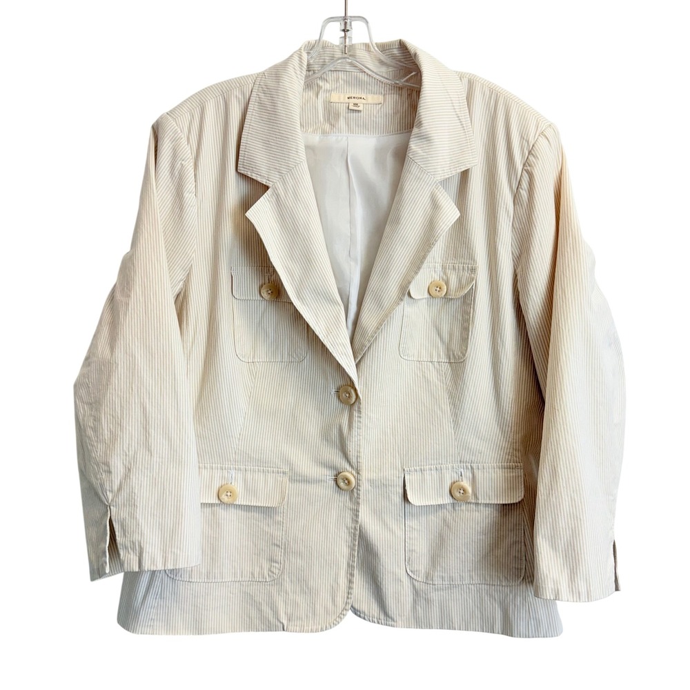 Merona Womens XXL Tan Pinstripe  Blazer Jacket Utility‎ Pocket Cotton Blend